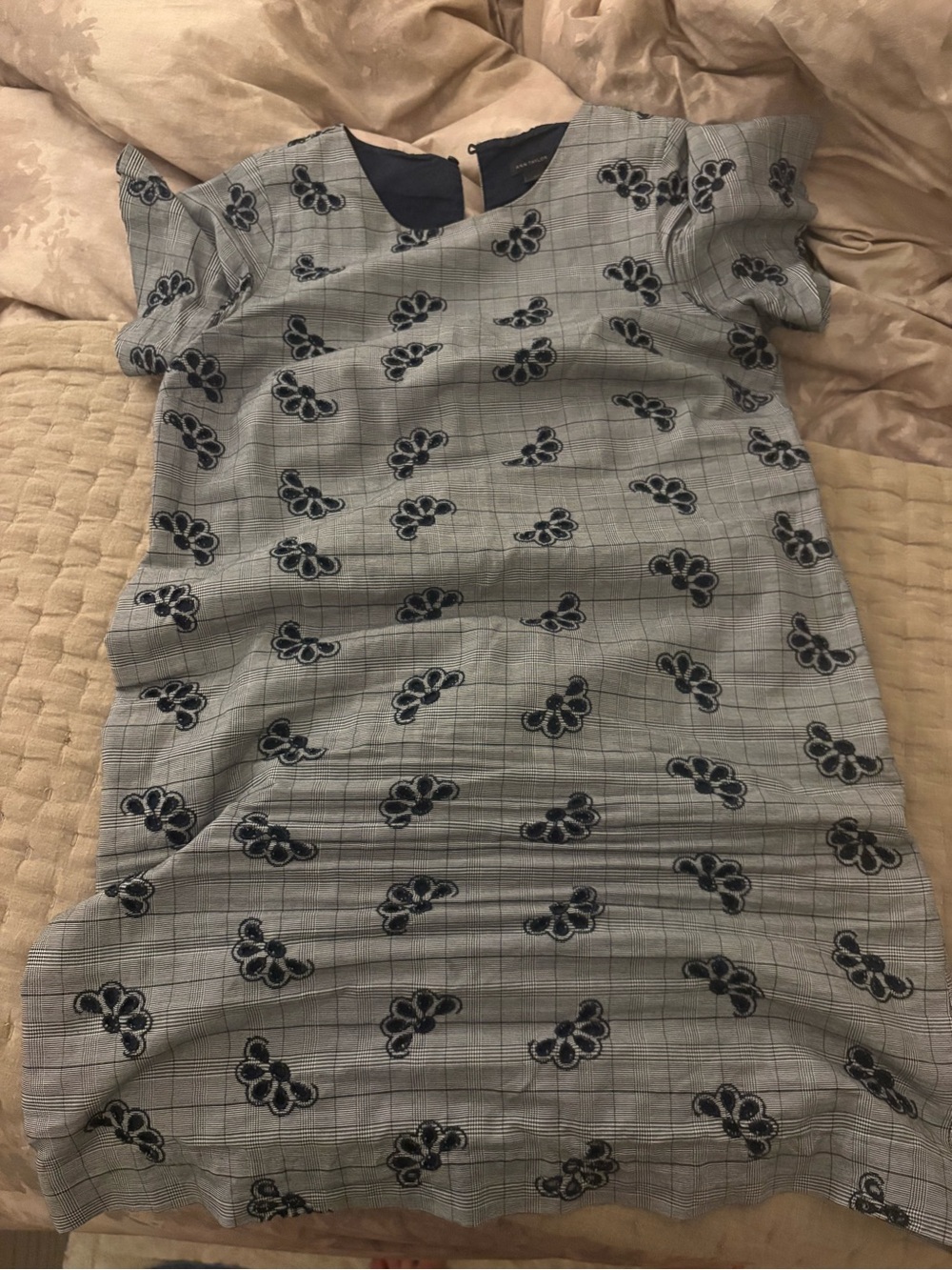 Ann Taylor Navy Blue Plaid and  Floral Embroidered Eyelet Shift Dress